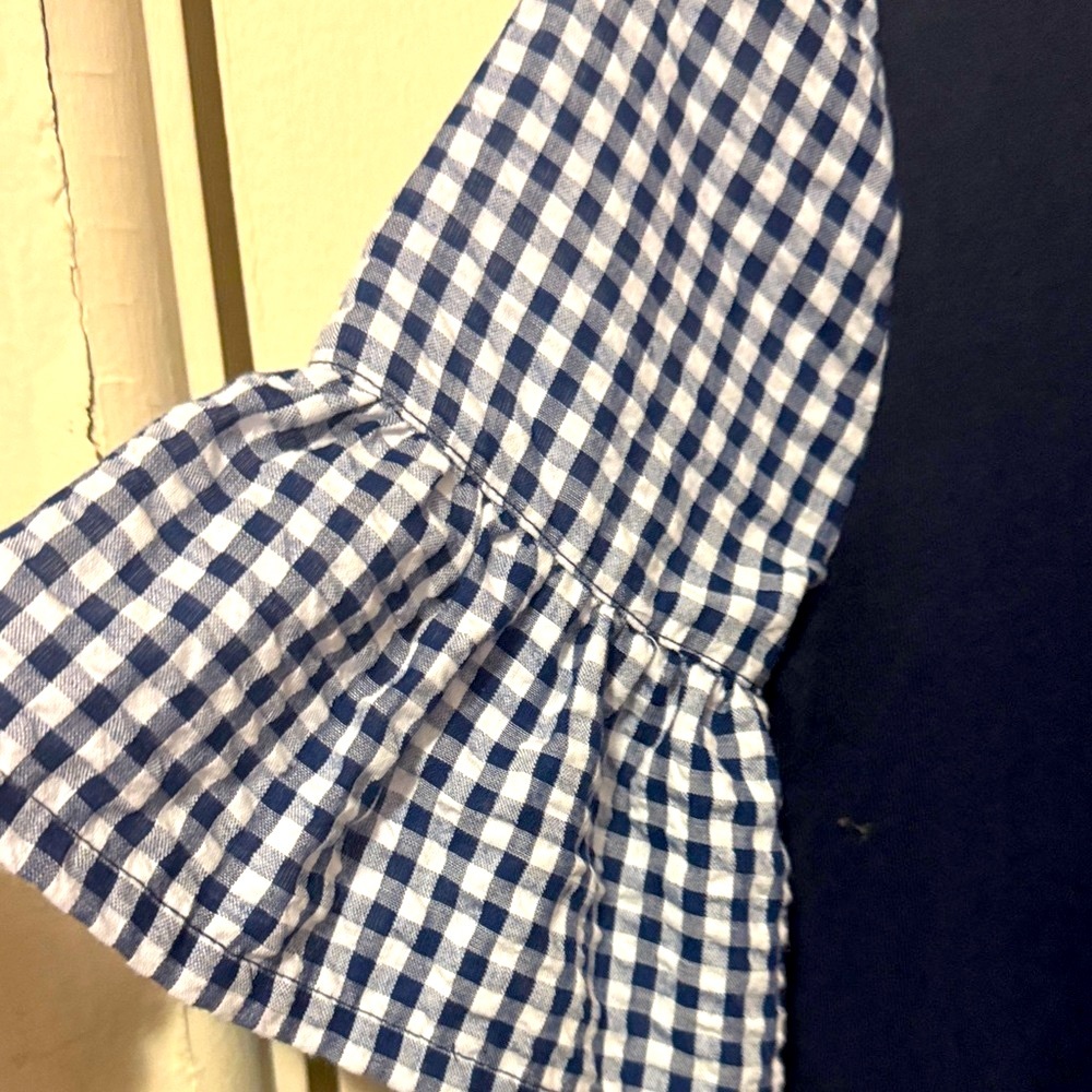 J. Crew Navy Dress with Gingham Ruffle Sleeves - Picture 6 of 7